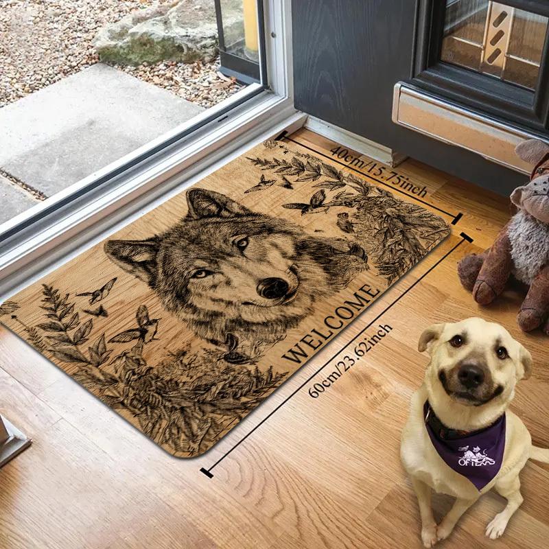 "WELCOME" Wolf Print Doormat, Non-Slip Washable Rug for Indoor Outdoor, Entryway, Living Room, RV & Home Decor