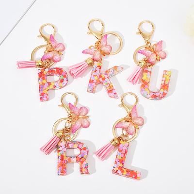 Llavero Decorativo de Borla Corazón y Mariposa Transfronterizo con Lentejuelas del Alfabeto