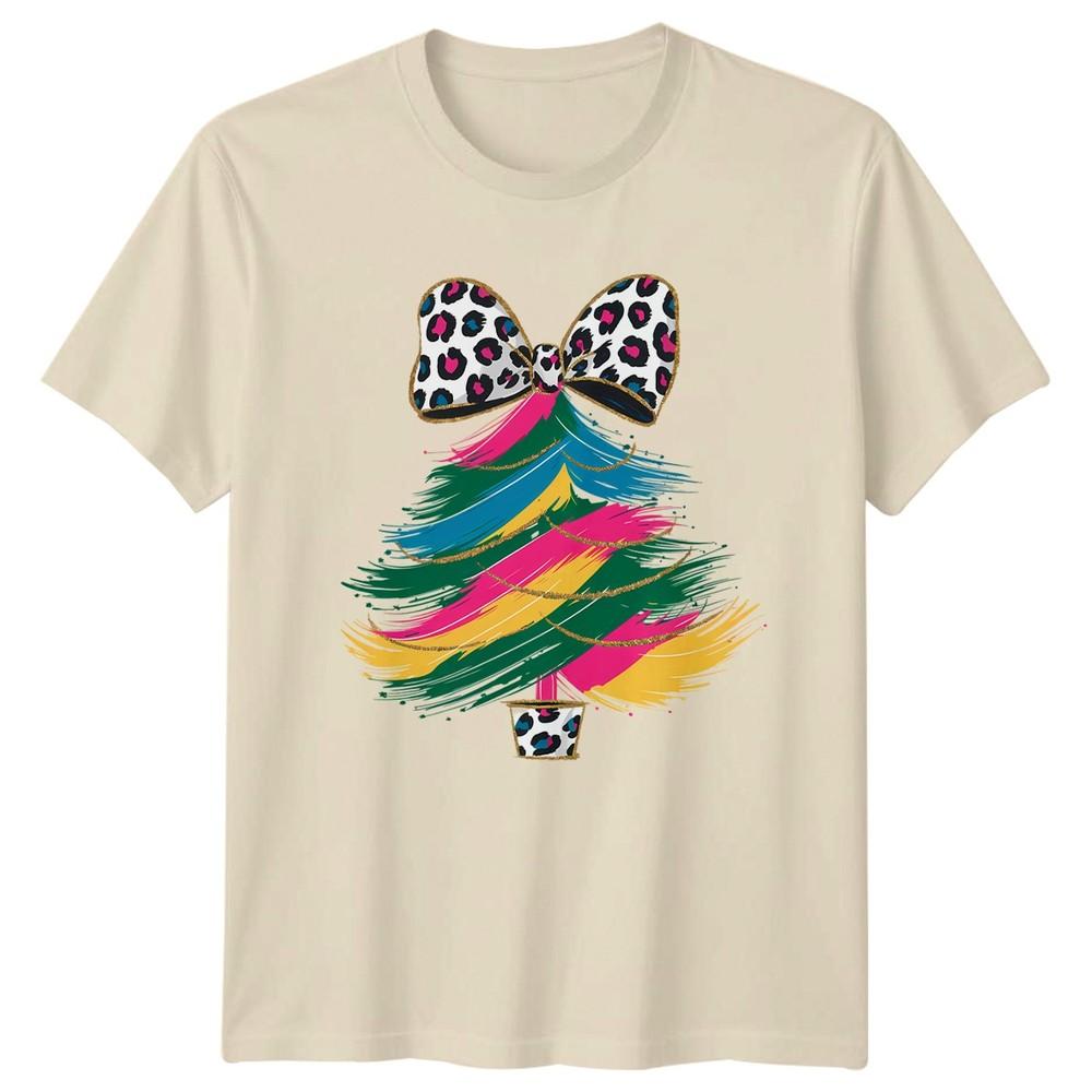 Colorful Christmas Tree Leopard Print Bow Holidays Unisexs Unisexs Graphic Tee