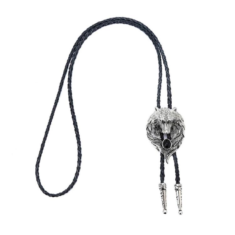Mens American Bolo Tie Vintage Western Metal Wolf Head Stone Cowboy Necklace
