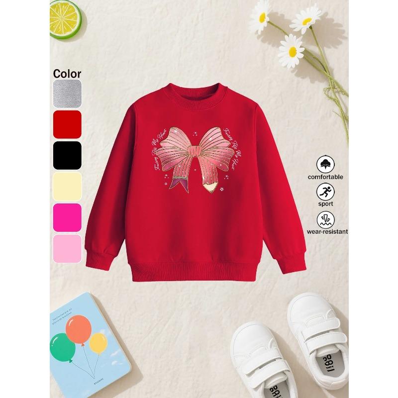 European sizes Bow Children's Crewneck Sweatshirt, Casual Long-sleeve Crewneck Pullover with Slightly Stretchy Fabric