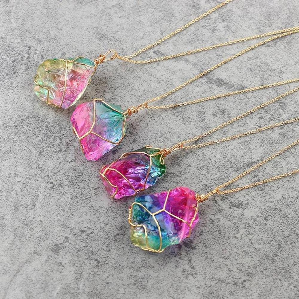 Fashion Retro Gold Color Chain Winding Wire Irregular Colorful Crystal Stone Pendant Necklace for Women Men Collar Chain Jewelry