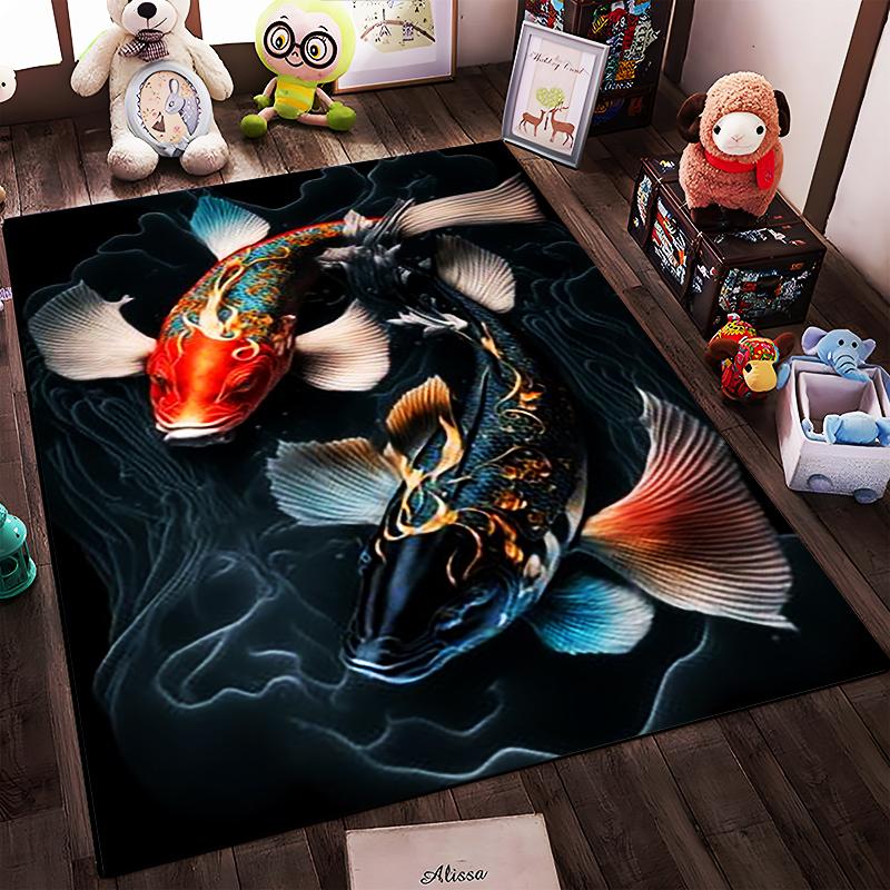 Colorful Koi Fish Design Carpet with Artistic Fluid Patterns Black Suitable for use as an anti-slip for living room bedroom sofas