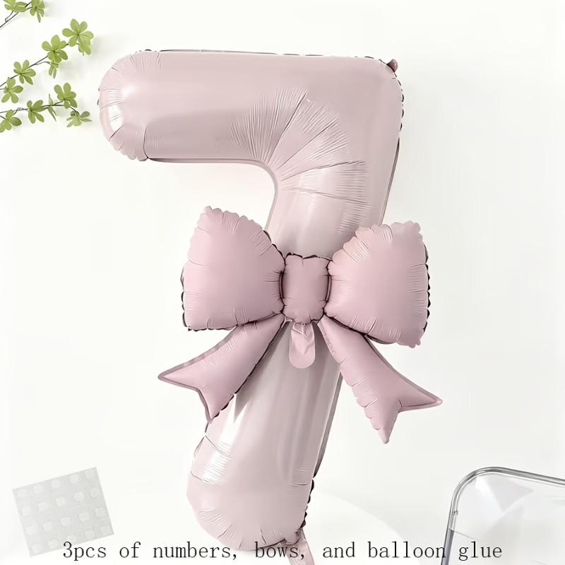 Complete Party Decor Set 3pcs - Light Pink Number Balloon, Bow & Stickers for Birthday, Anniversary & Festival Backdrop