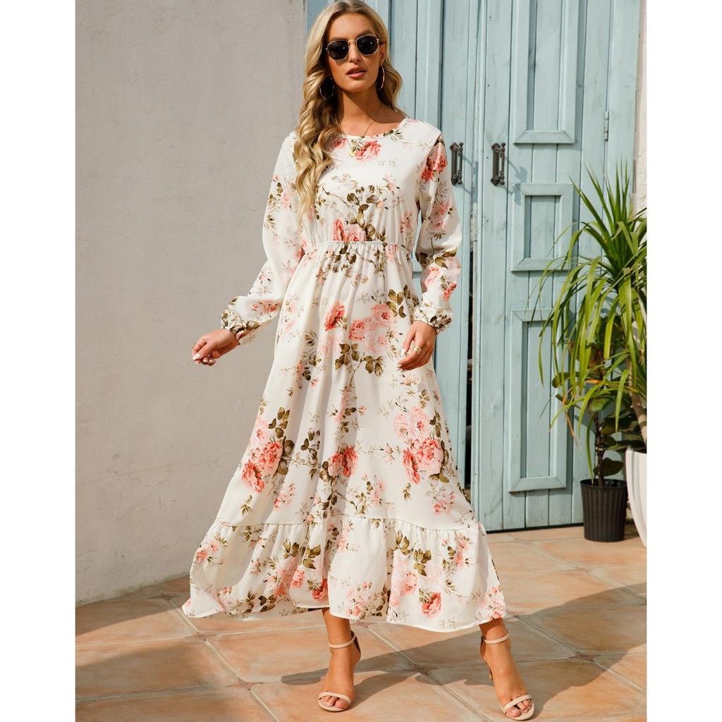 Women's Fashion Summer Spring Floral Print Long Sleeve O-Neck High Waist Casual Dresses