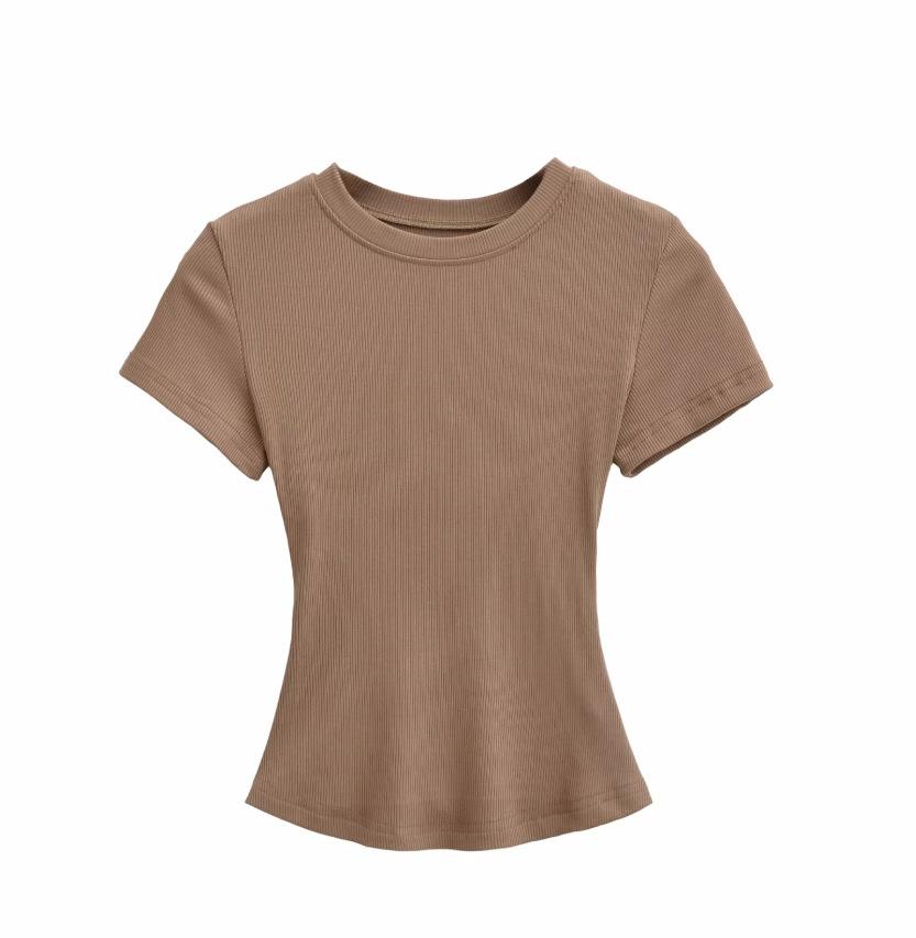 Summer New Female American Spice Girl Solid Color Crew Neck Short Sleeve T-Shirt Basic Threaded Bottom Top
