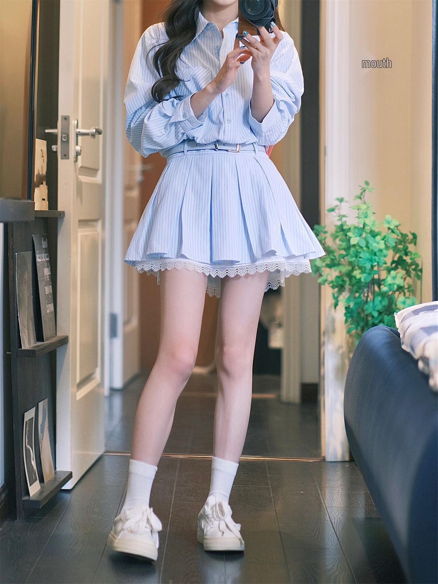 Slimming Petite Lace Trim Striped Skirt - Women s Autumn Anti-Exposure Short Skirt 4XL