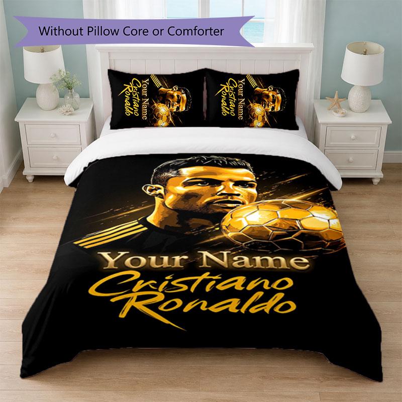 Set Biancheria da Letto Personalizzato Cristiano Ronaldo con Nome Testo 1 Copripiumino+2 Federe Logo Calcio Regalo Personalizzato per Occasione Speciale Arredamento Camera da Letto