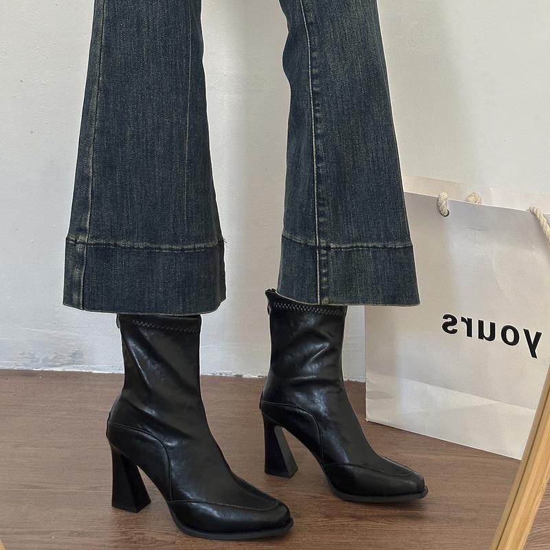 Autumn Winter Square Toe Women High Heel Ankle Boots Street Style Elastic Slim Mordern Short Botas De Mujer