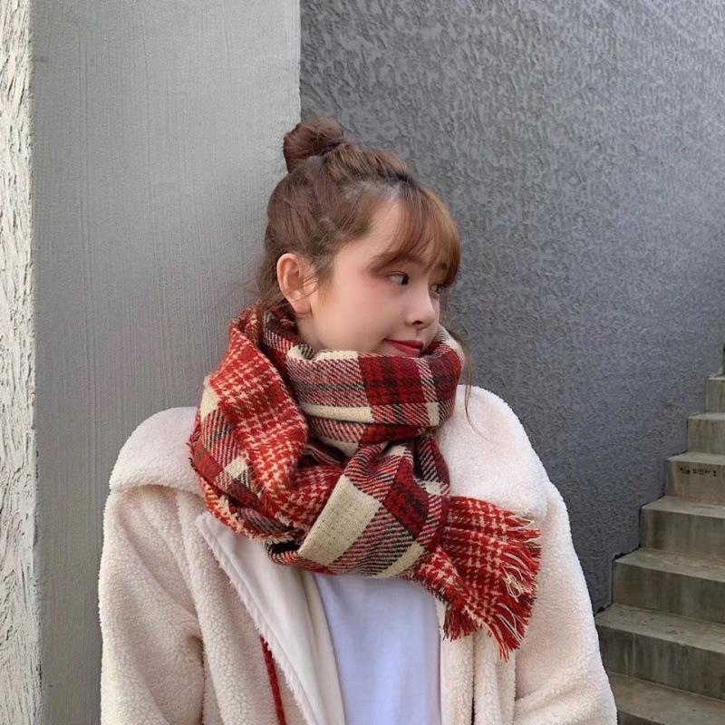 Imitation Cashmere Scarf Winter Women Christmas Present Double Face Red Plaid Shawl Thick Warm Gift For Youth Students