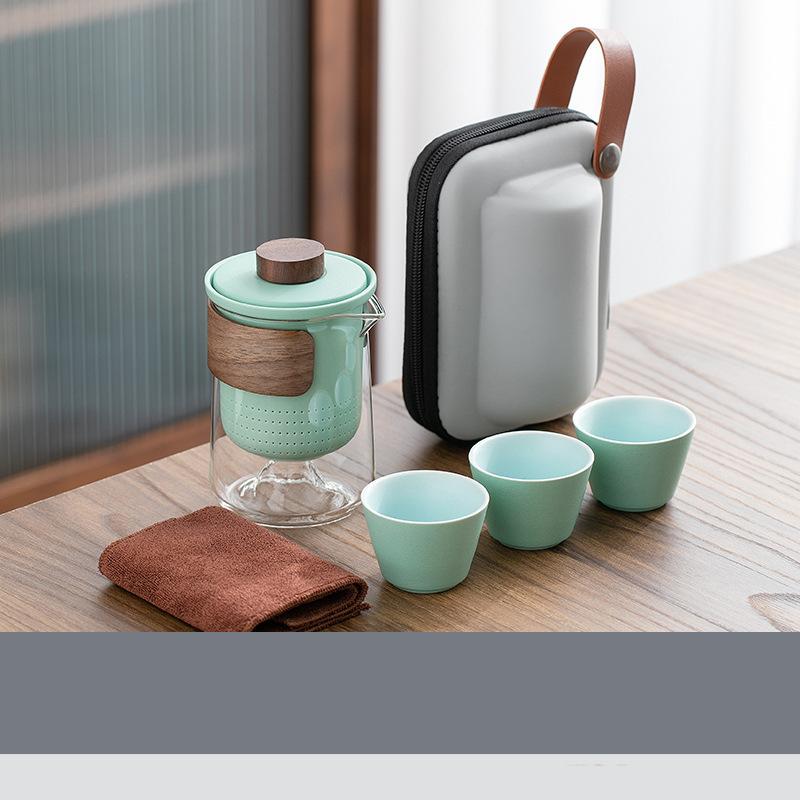 

4pcs Camping Cup Travel Tea Set Kung Fu Tea Set Glass 1 Pot 3 Ceramic Cup Outdoor Teapot Small Set Cup Set зелёный