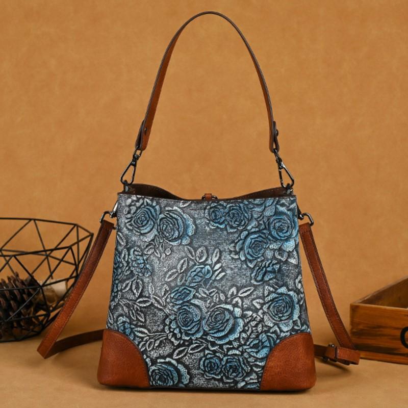 Johnature Retro Embossed Bucket Bag Large Capacity Handmade Women's Bag Versatile Shoulder Crossbody Bags