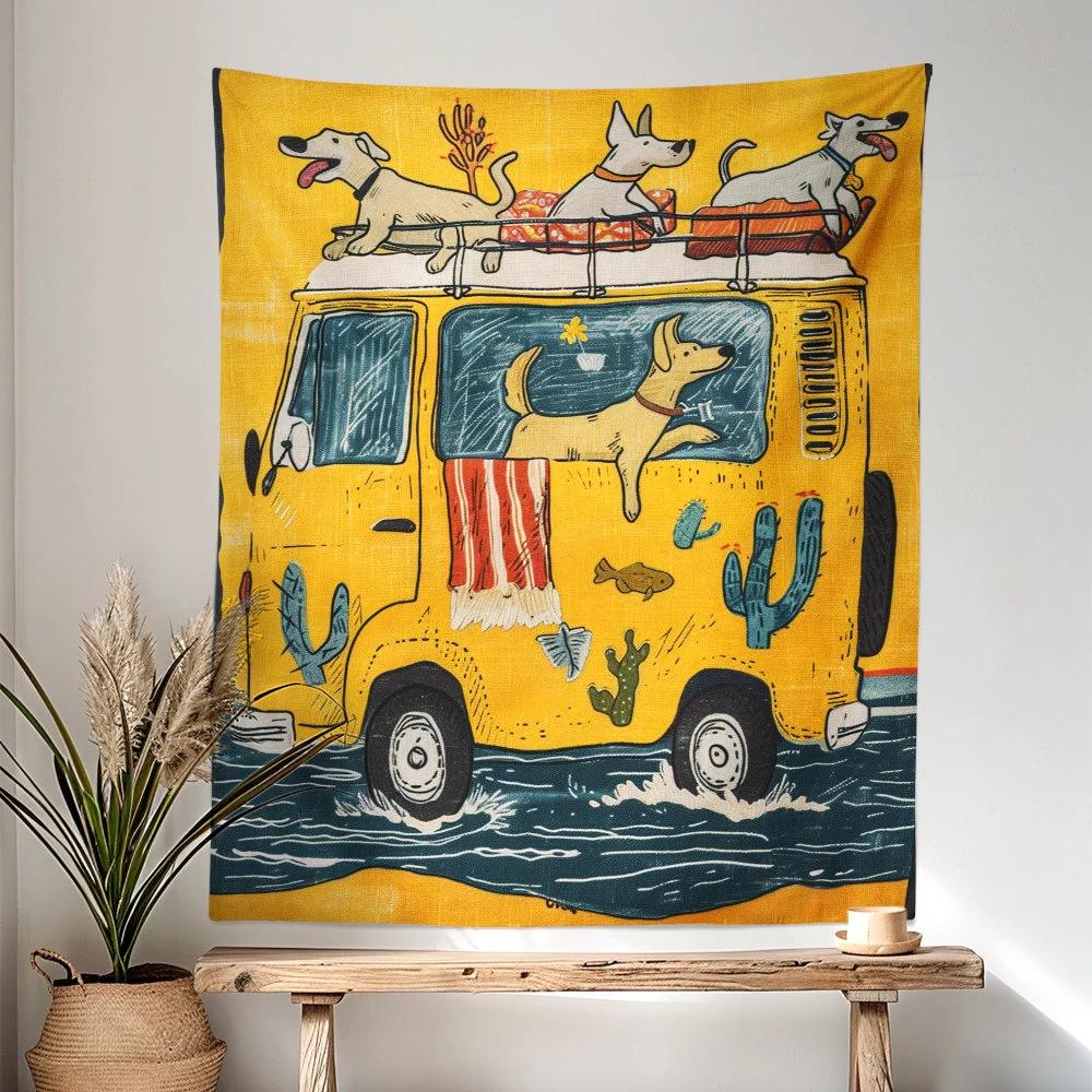 Cartoon Animal Yellow Tapestry Kids Tapestry Dog Car Tapestry Funny Tapestry Wall Hanging Kids Bedroom Decor Home Decor Gift