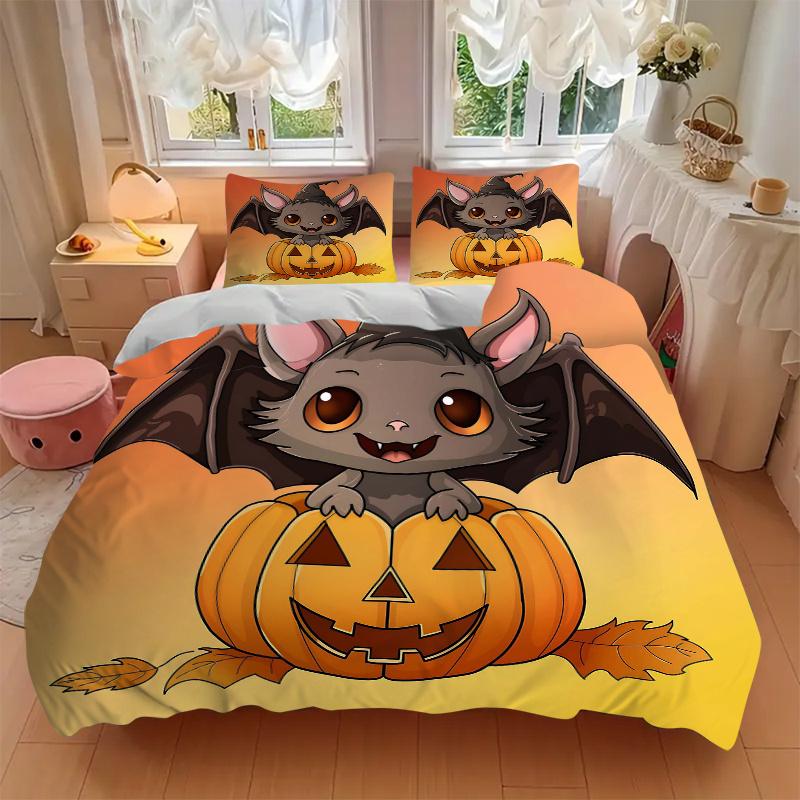 3pcs Lovely Wizard Bat and Halloween Pumpkin Cartoon Design Quilt Set - Soft and Comfortable Bedroom, Guest Room and Dorm Decor Bedding Set 1 Qui