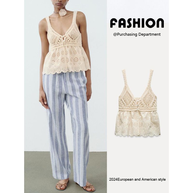 Za2024 Summer New Product Women's Clothes Easiest for Match Hollow-out Camisole Embroider Patchwork Knitting Tops 6427100 715
