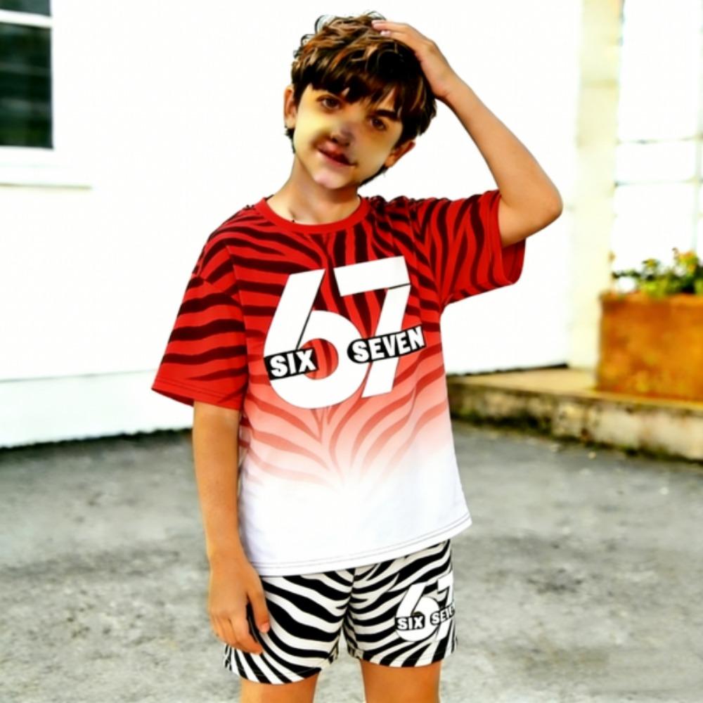 67 Gradient Zebra Color Printed Kids T-shirt and Shorts 2 Piece Set Summer Casual Outfit for Boy's and Girl's Kids Clothing Top