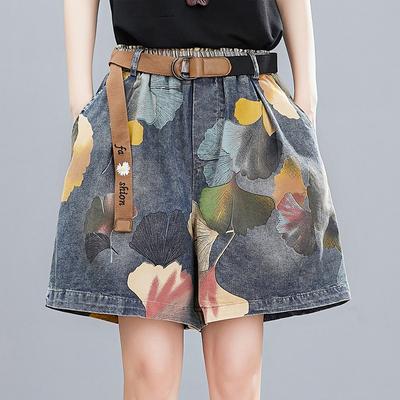 Women Summer Fashion Oversize Floral Print Vintage Wide Leg Office Lady Casual Trendy Streetwear Elastic Waist Loose Denim Short
