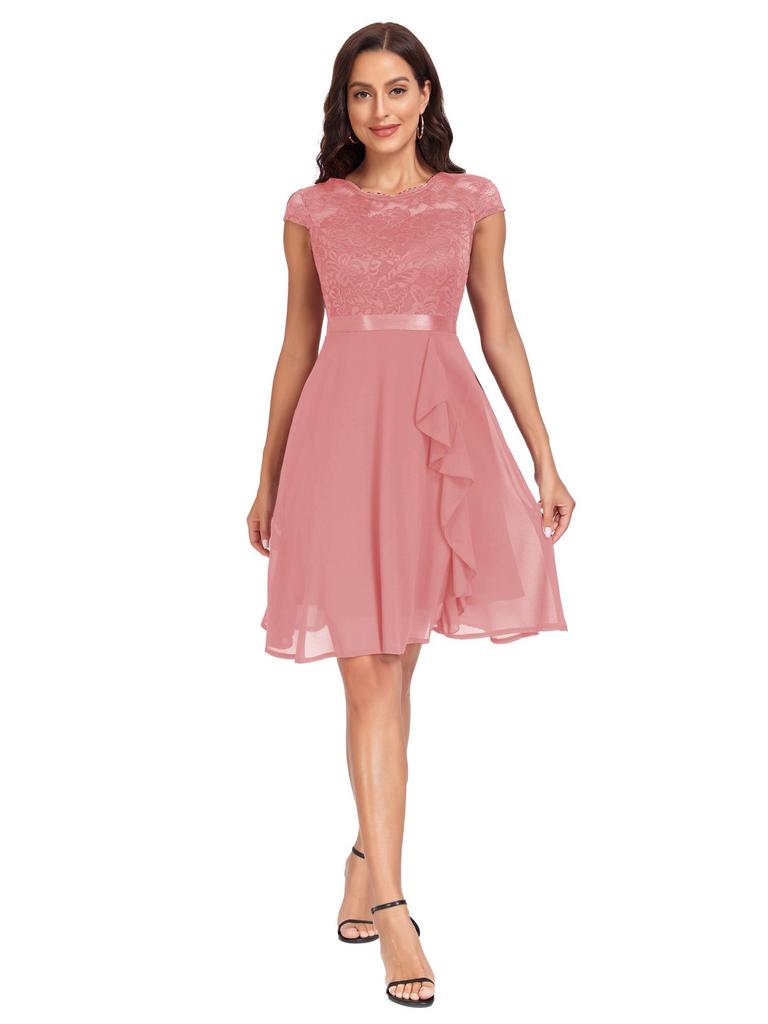 Plus Size Women's Lace Patchwork Chiffon Dress - Round Neck, Waist-Slimming, Big Swing, Hepburn Style