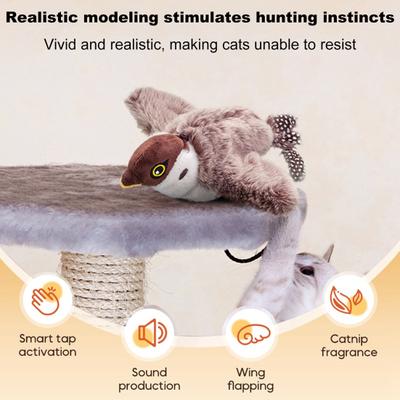Interactive Flapping Wings Cat Toy Touch Activate Electric Flying Birds Toy with Chirping Sounds Indoor Hanging Simulation Plush Sparrow