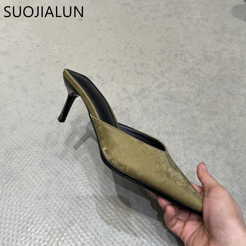 Fashion SUOJIALUN 2024 Spring New Women Slipper Fashion Pointed To Shallow Slip On Mules Shoes Thin High Heel Ladies Elegant Sandals