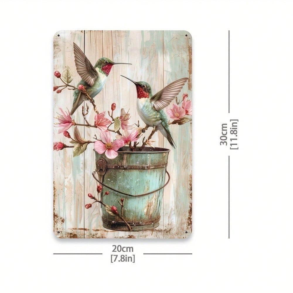 Vintage Hummingbird Tin Sign Wall Art Metal Bucket Planter With Pink Flowers Rustic Bird Decor Home Cafe