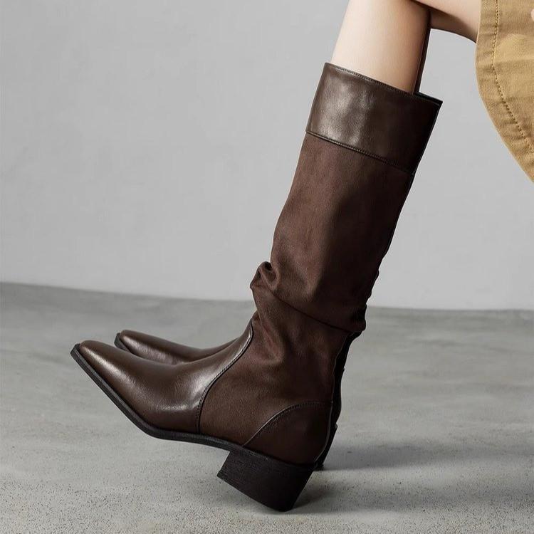 

Huge good-looking retro long boots, tall boots, pleated stacking boots, new pointed thin thick heel knight boots for women 40 темно-коричневого