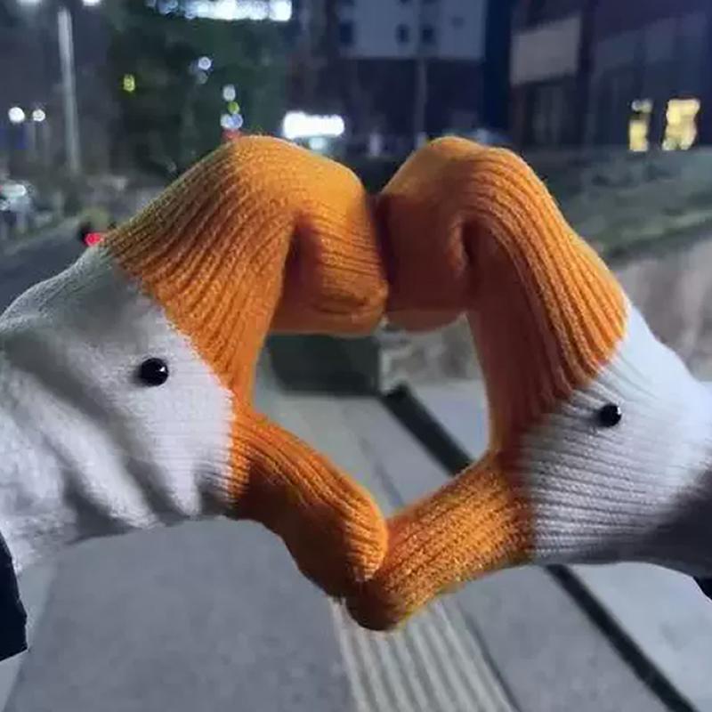 1Pair Cute Funny Goose Knitted Gloves For Women Winter Fleece-Lined Thickened Double-Layer Warm Coldproof Gloves