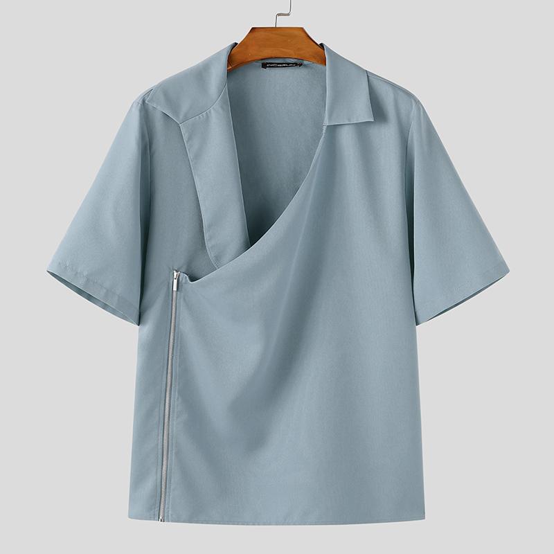 

INCERUN Summer Men Cutout Neck Short Sleeve Side Zip-up Casual Shirts 2XL синий