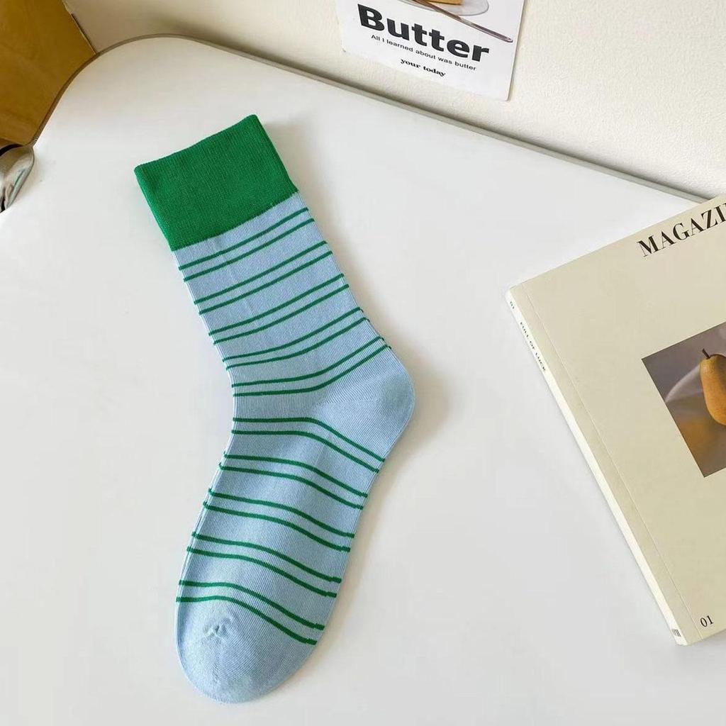 Korean Fashion Striped Socks for Women Spring Summer Soft Cotton Elastic Breathable Mid Tube Socks Girls Casual Socks