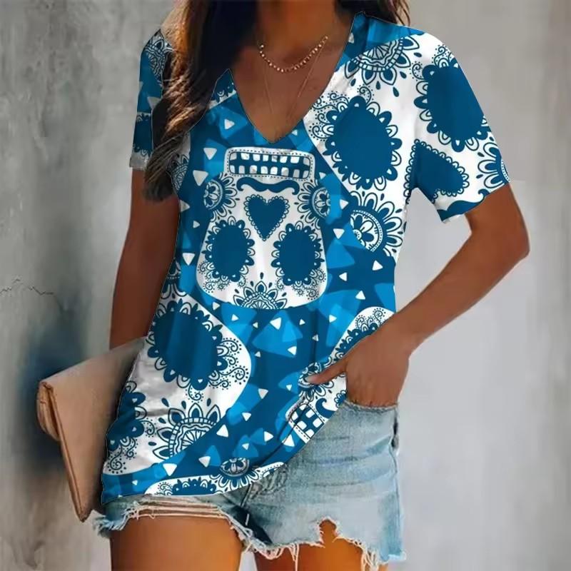 Women's Short-Sleeved T-Shirt V-Neck 3d Printed Skull Pattern Oversized Women's Top Y2K Style Summer Casual T-Shirt