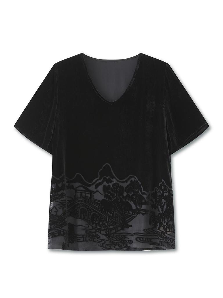Women's Summer V-Neck Silk Velvet Top with Chinese-Style Landscape