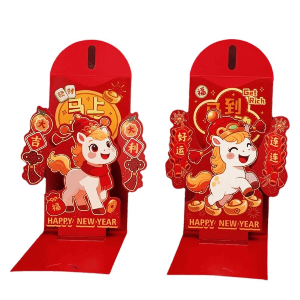 Rote Farbe Neujahr Roter Umschlag Zieh-Design Faltbar 3D Roter Umschlag Kreatives Glücksbringer-Design Geldbeutel Chinesisches Neujahr