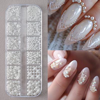 Perle finte rotonde bianche per unghie, ciondoli per unghie, 12 griglie perline, gioielli per unghie, perle piatte semicircolari, decorazioni fai da te per nail art