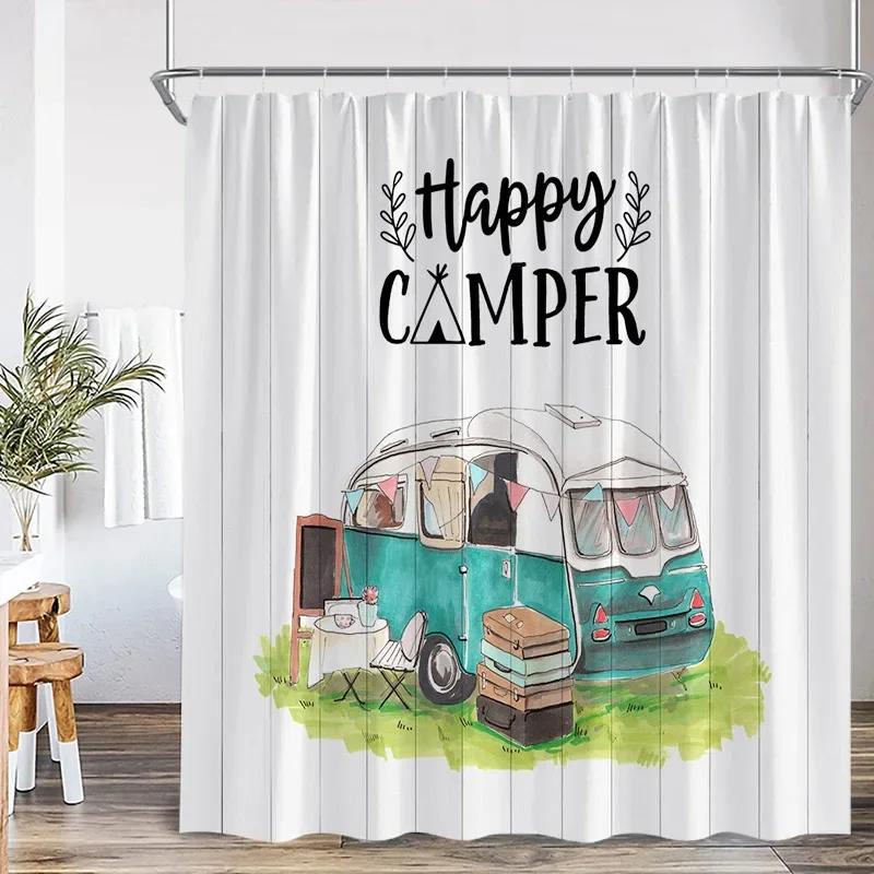 Vintage Zasłony Prysznicowe Kempingowe Abstrakcyjny Góra Camper Sceneria Lasu Tkanina Poliestrowa Wystrój Kurtyny Domowej Łazienki z Haczykami