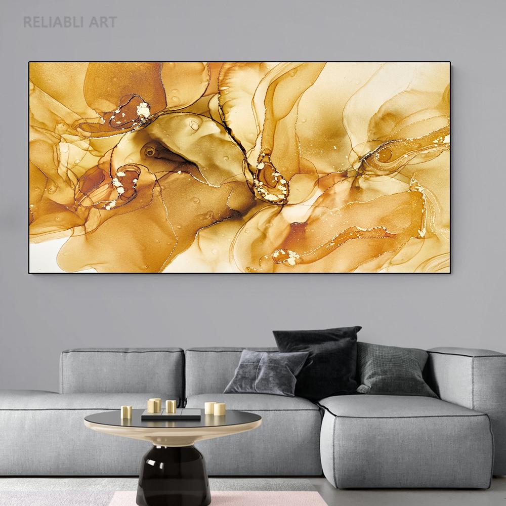 Abstract Dark Gray Blue and Gold Fluid Art Canvas Painting Luxury Gold Foil Posters and Prints for Living Room Decor Cuadros