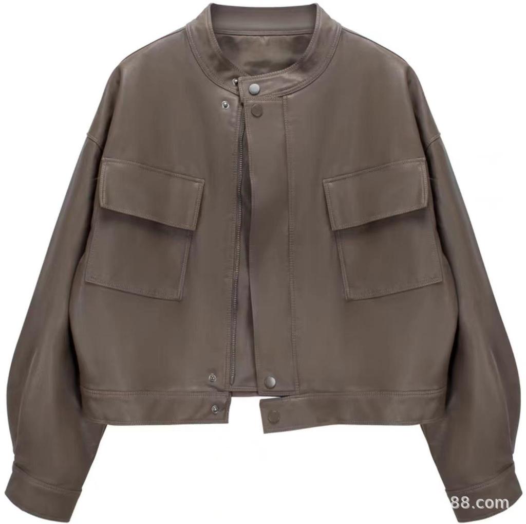 2025 Spring/Autumn Women's Hong Kong Style Leather Biker Jacket: Short, Stand-Up Collar, Casual Commuter Fashion