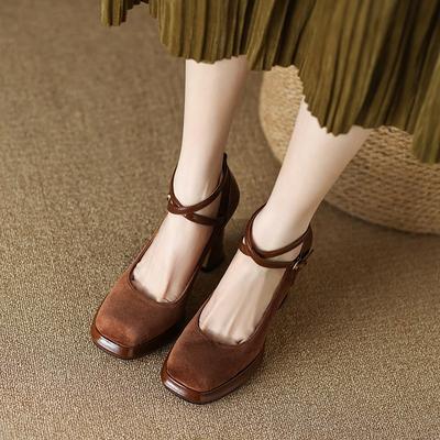Coarse Heel Cross Strap Single Shoes Women's Spring and Autumn 2025 New Soft Leather Square Head Mary Jane Shallow Mouth High Heels