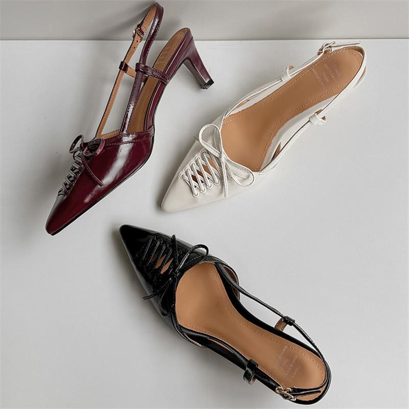 Fashion New Summer Sandals Genuine Leather Pointed Toe Sandals for Women High Heels Fashion Retro Bow Sandals Ladies Shoes Women Black