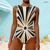 Women Plus Size Geometric Printed High Round Neck Sleeveless One Piece Swimsuit