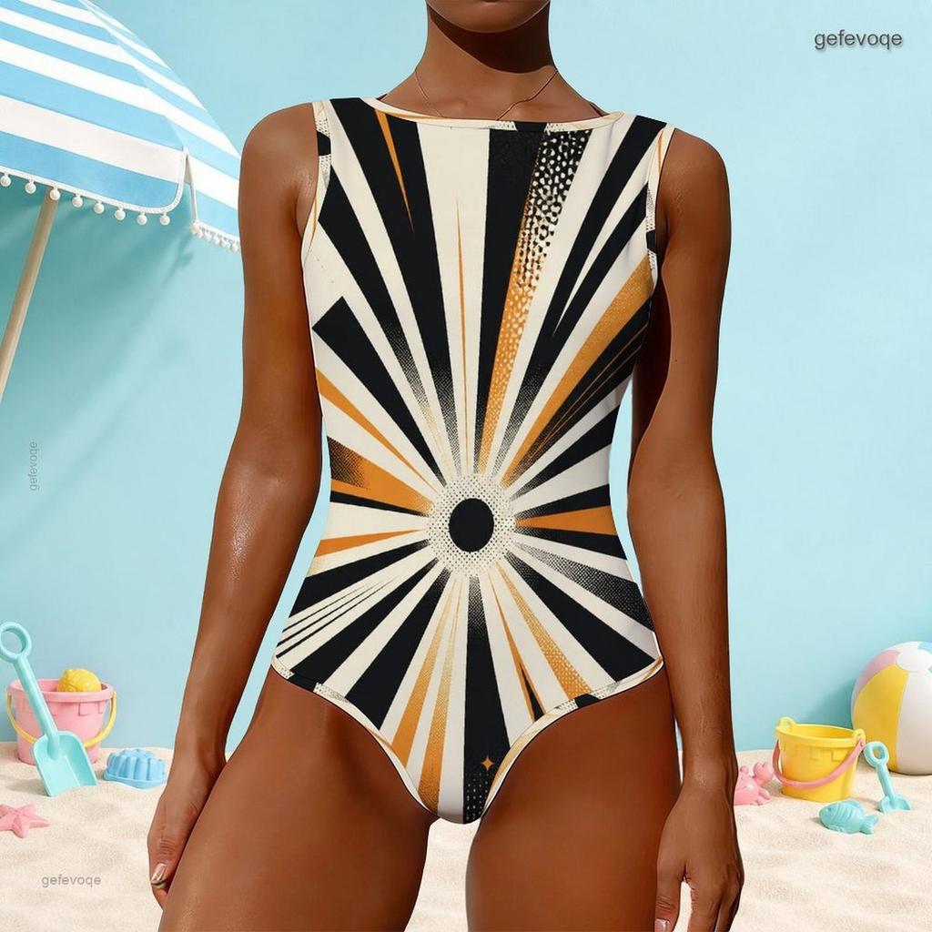 Women Plus Size Geometric Printed High Round Neck Sleeveless One Piece Swimsuit