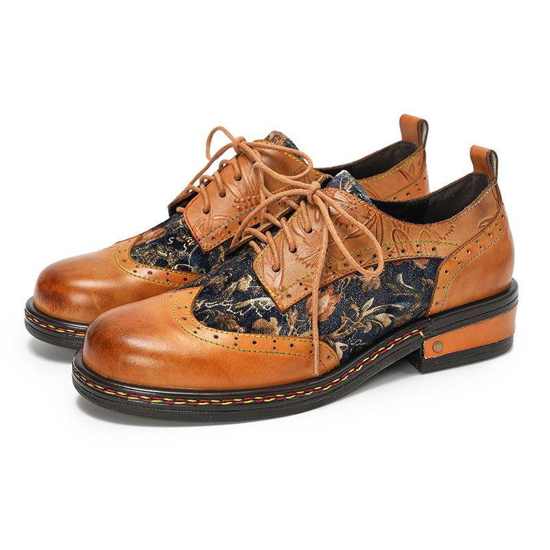 Johnature Genuine Leather Printed Pumps Retro Round Toe Lace Up Low Heel Women's Shoes
