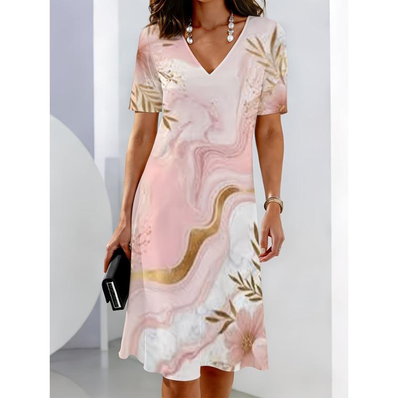 Ladies Summer V-Neck Short Sleeve Print Dress Fashion Street Style Personality Work Dress Holiday Dress