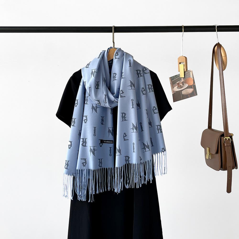 New digital printing imitation cashmere scarf women's letter printing tassel warm extended coffee shawl
