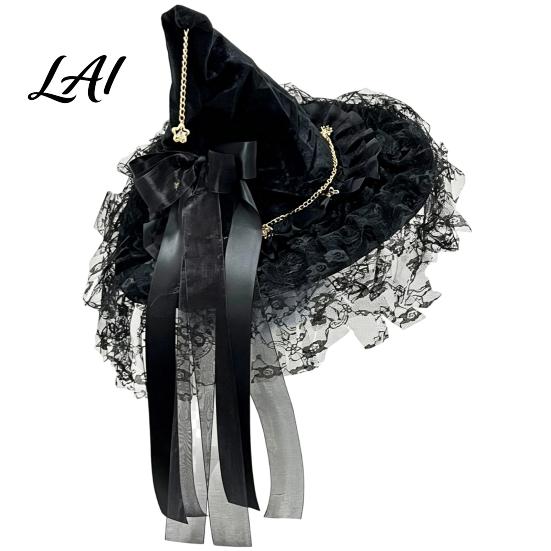 Halloween Night Decorations Witch Hat for Women Lace Wizard with Ribbon Bow Black Party Mesh Veil Costume Accessory Adults Fancy Dress Cosplay