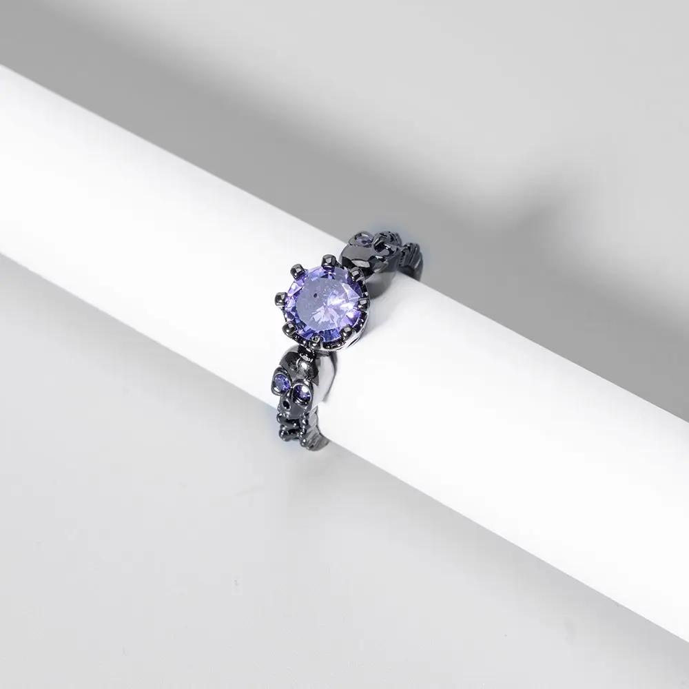 Hot Sale Western Fashion Black Skull Ring Personality Gothic Delicate Purple Zircon Copper Ring for Punk Women Statement Jewelry