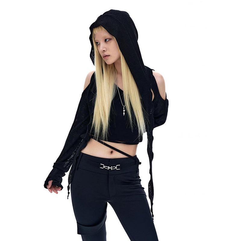 Trička s dlouhým rukávem a kapucí Sexy trička Harajuku Ženy Y2k Estetický Grunge Streetwear Crop Top Tenký Cardigan