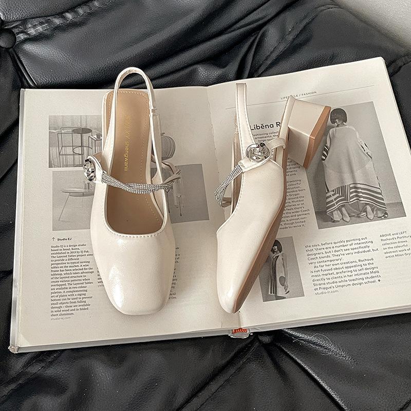 French Minimalist Temperament Square Head Thick Heel Mary Jane Shoes Women's 2025 New Summer Rhinestone Single Shoes Bag Head Sandals