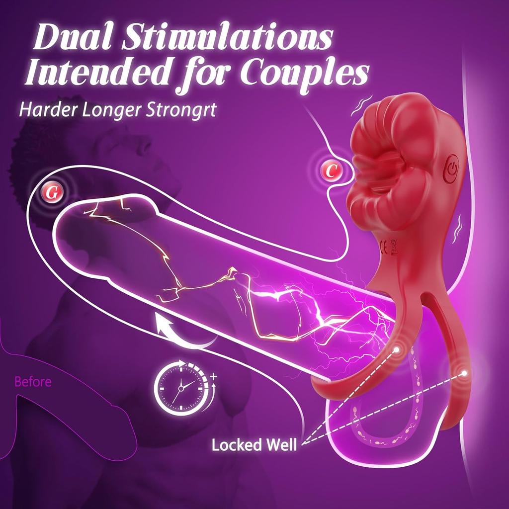 Vibrador 2 em 1 Brinquedos sexuais masculinos Envolvimento apertado em torno do pênis e períneo Anel peniano Estimulador clitoriano com prazer de lamber oral Brinquedos sexuais adultos para casais