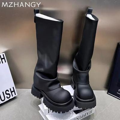 Mode Damen Plateau Hohe Stiefel Mode Mittelhohe Absätze Lederschuhe 2025 Trend Mode Goth Motorradstiefel Winter Designer Muejr Botas