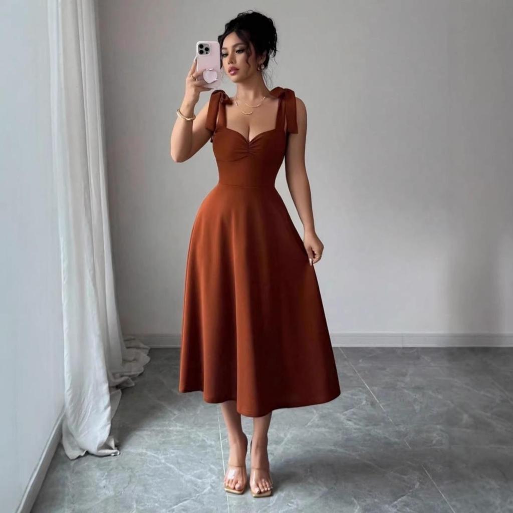 European Spring/Summer Solid Color Waist-cinching Elegant Long Dress